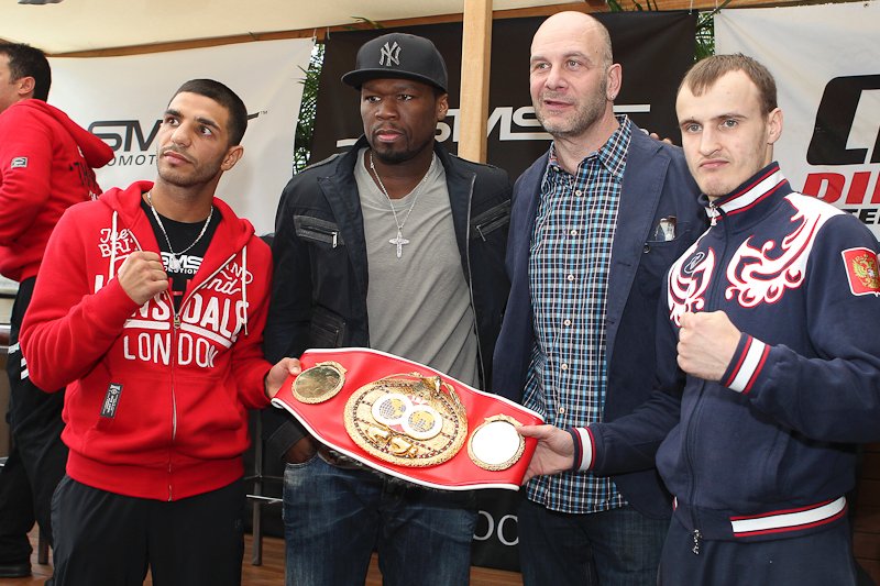 (L-R) Billy Dib, 50 Cent, Lou DiBella and Evgeny Gradovich (Presser Gallery Below - All pictures by Edward Diller) 