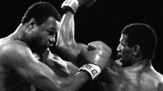 Larry Holmes and Michael Spinks black and white photo