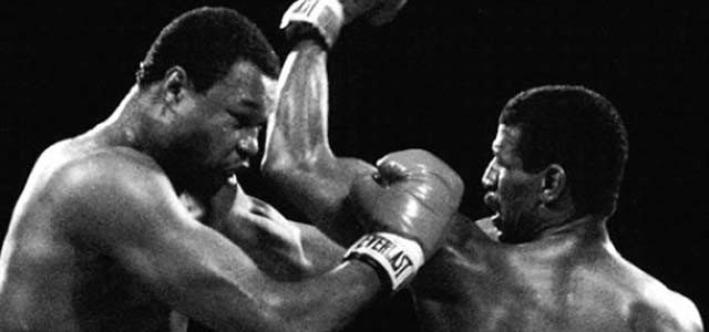 Larry Holmes and Michael Spinks black and white photo