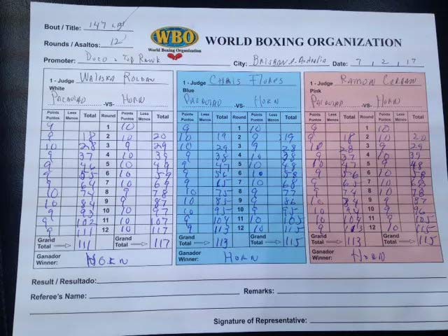 Official Scorecard for Pacquiao vs Horn